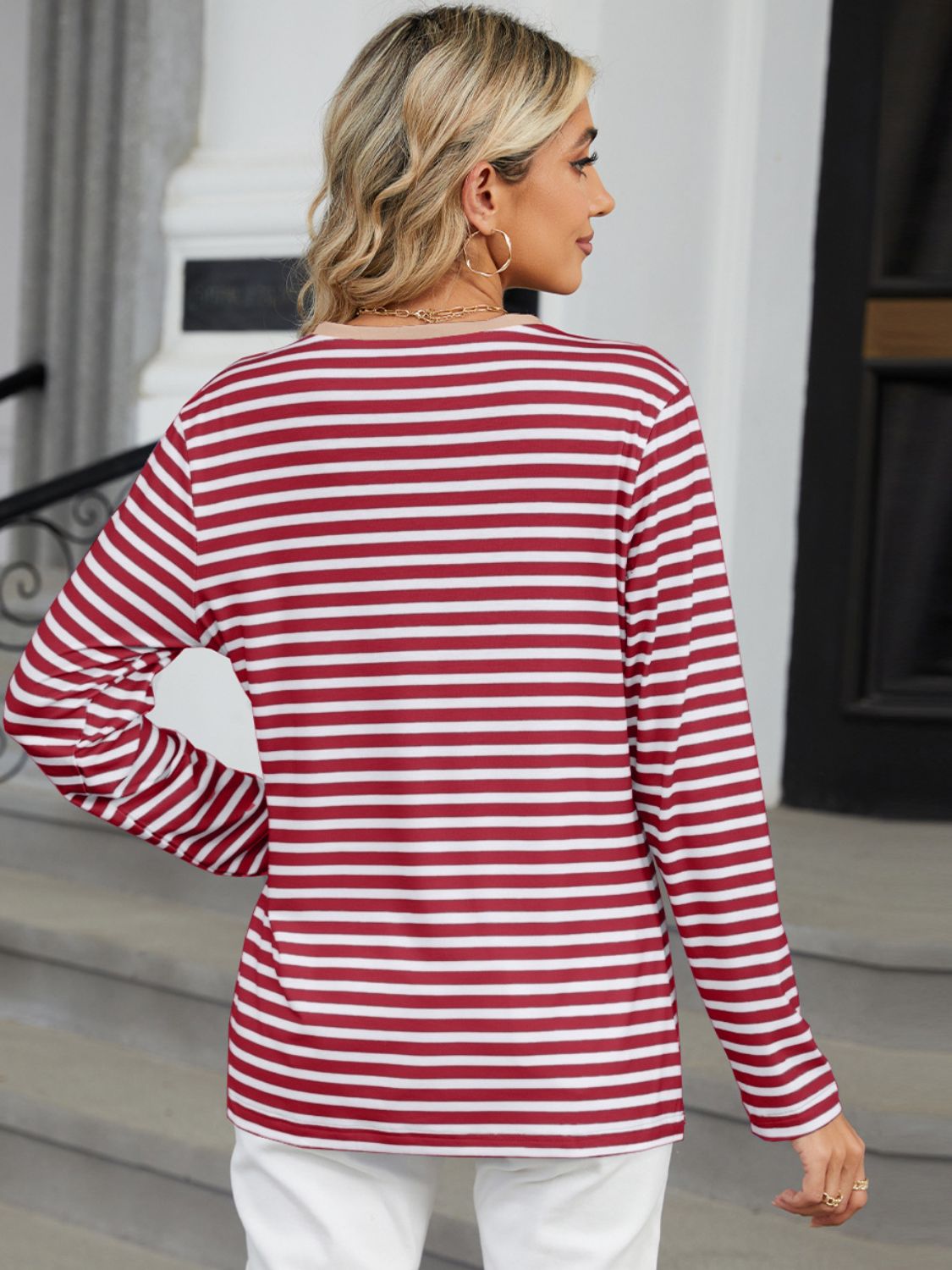 Liza Striped Notched Long Sleeve T-Shirt - ThingsWeUseAndLove 