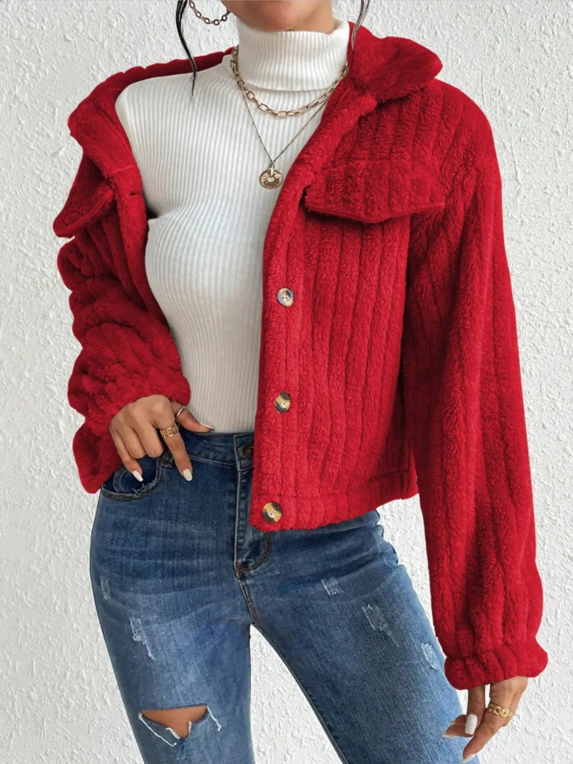 Lippy Fuzzy Button Up Collared Neck Jacket - ThingsWeUseAndLove 