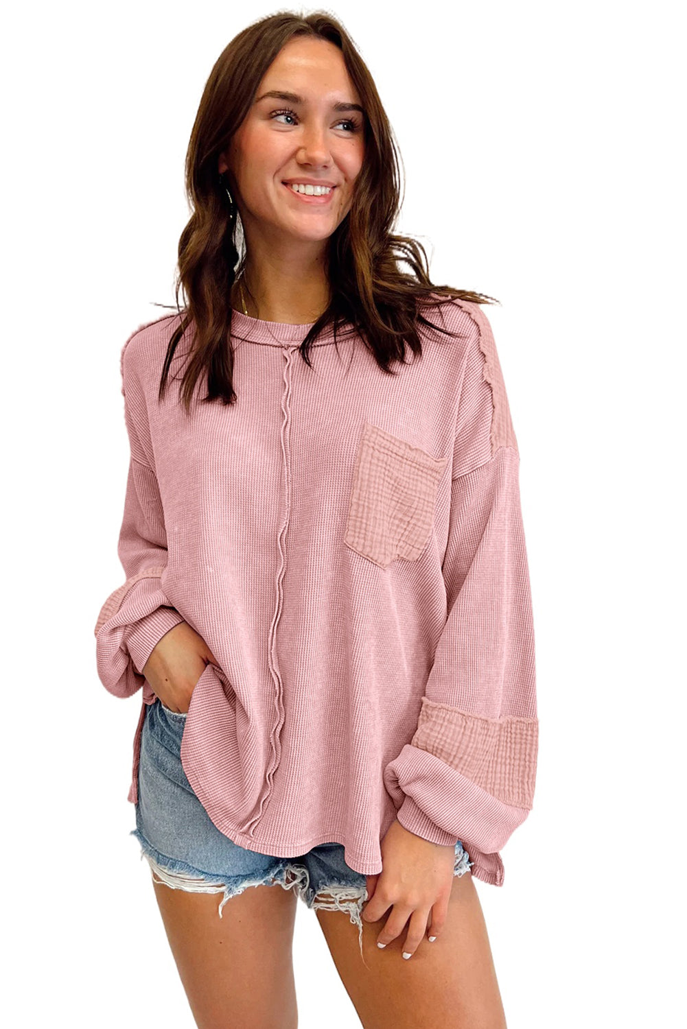 Crinkle Patchwork Long Sleeve Top - ThingsWeUseAndLove 