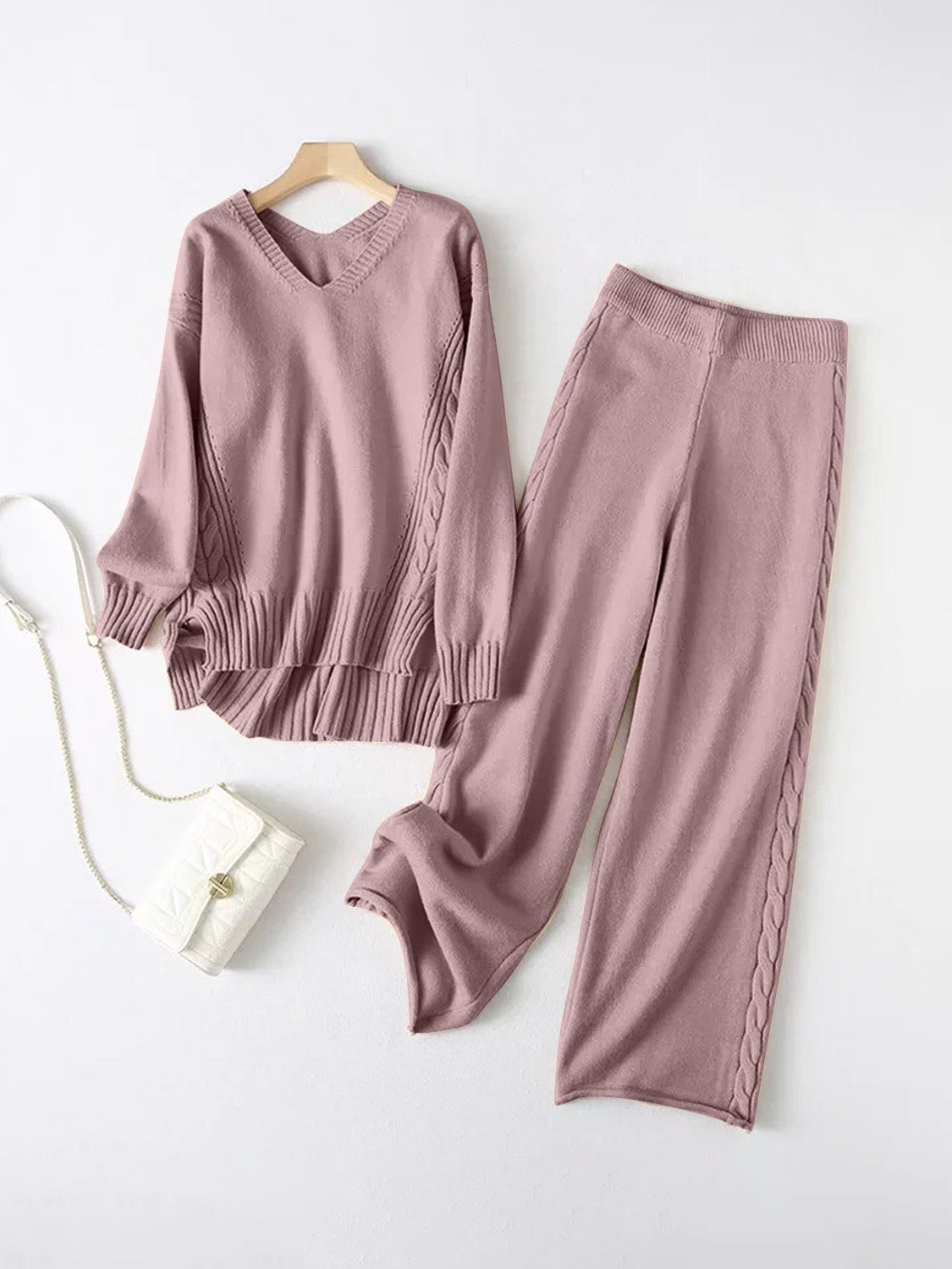 V-Neck Long Sleeve Top and Pants Sweater Set