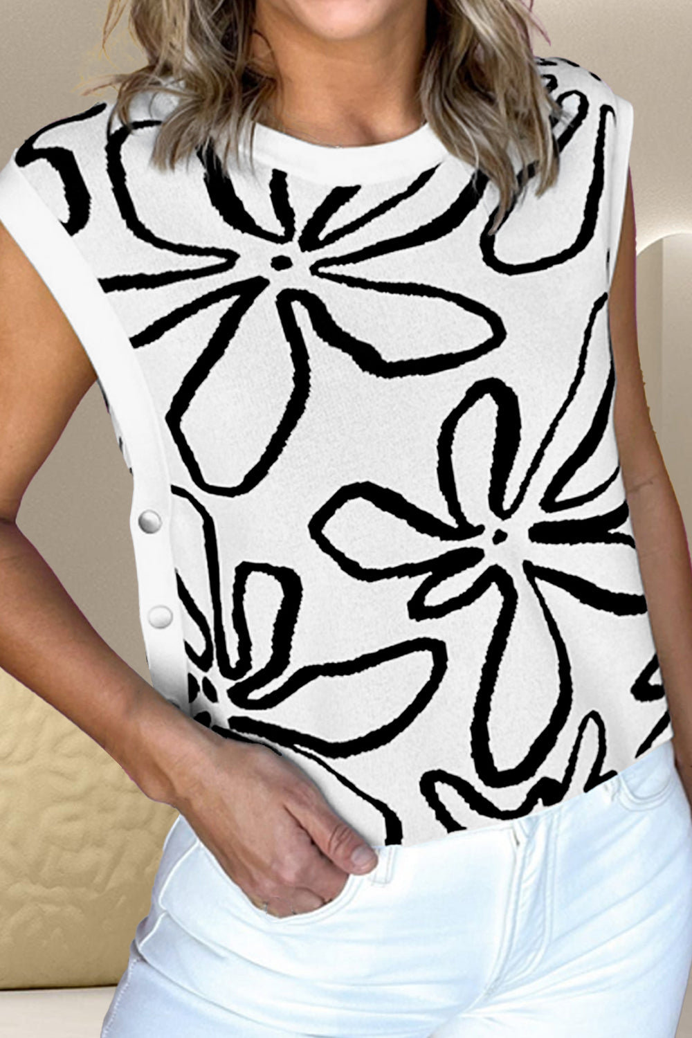 Graphic Flower Round Neck Sweater Vest - ThingsWeUseAndLove White-XL