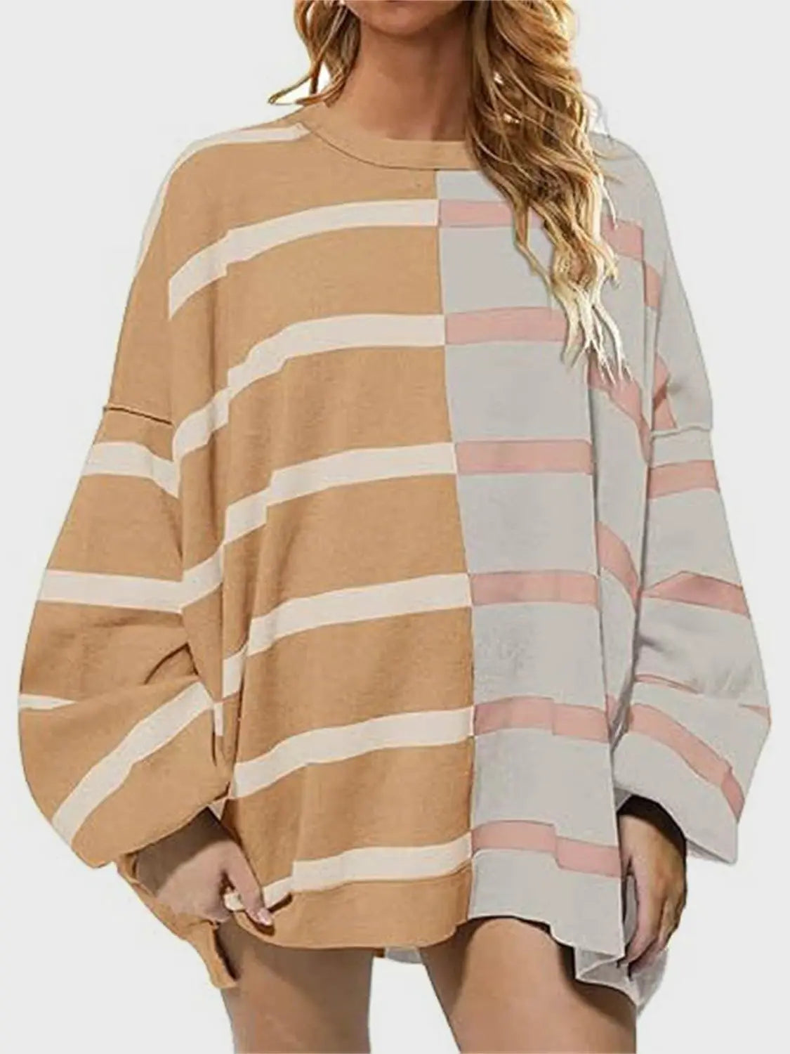 Long Sleeve Striped Round Neck Sweater - ThingsWeUseAndLove Gray-2XL