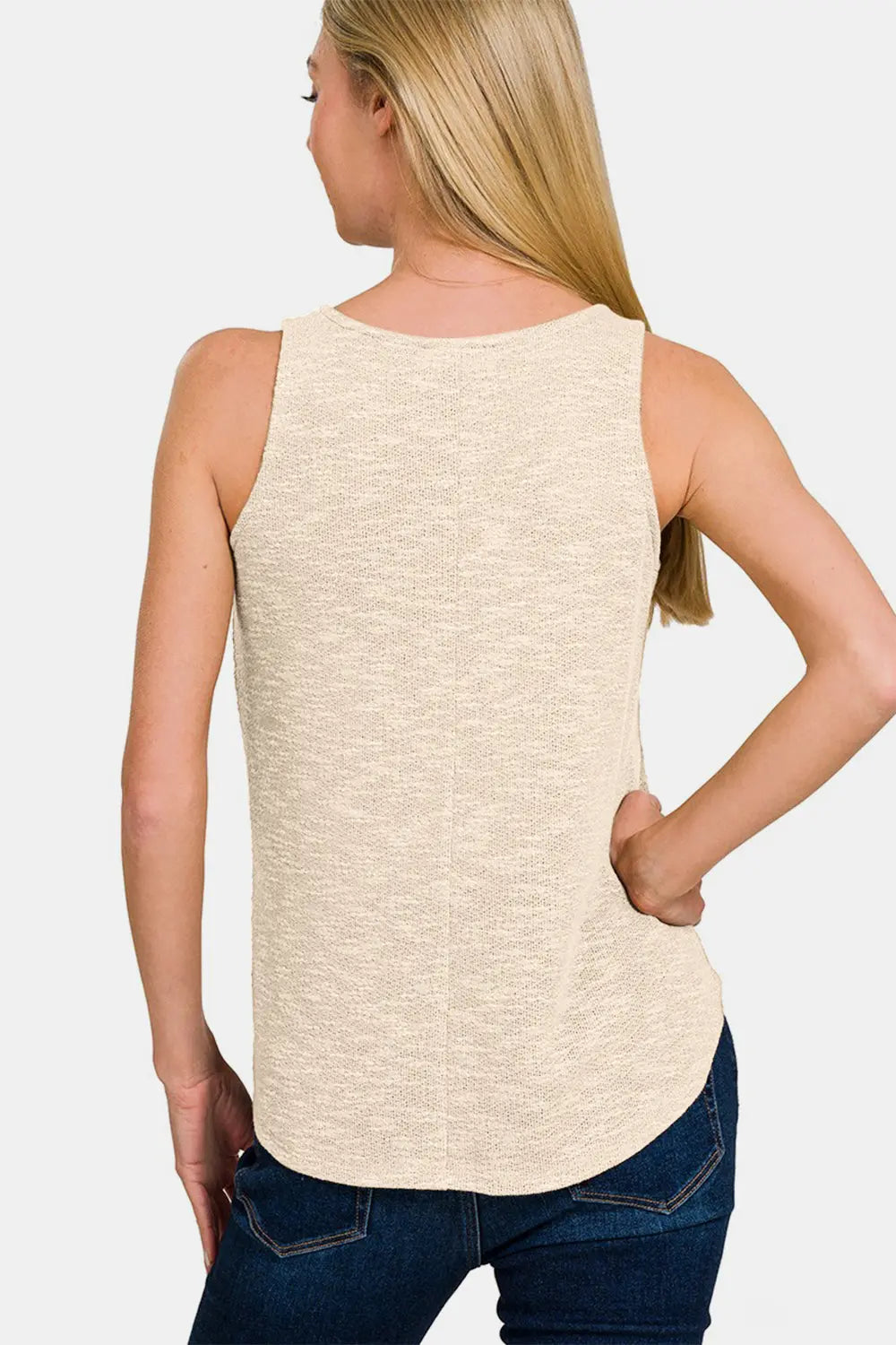 Ashley Sand Beige V-Neck Curved Hem Tank - ThingsWeUseAndLove 