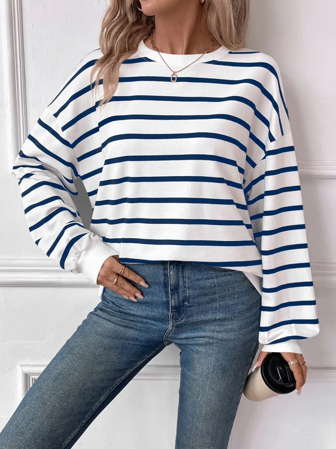 Leslie Striped Round Neck Long Sleeve Sweatshirt - ThingsWeUseAndLove 