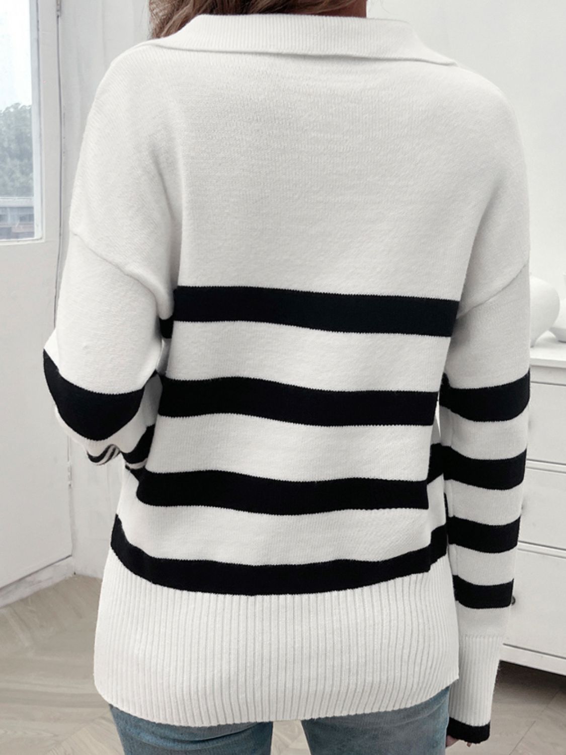 Paityn Collared Neck Long Sleeve Striped Sweater - ThingsWeUseAndLove 