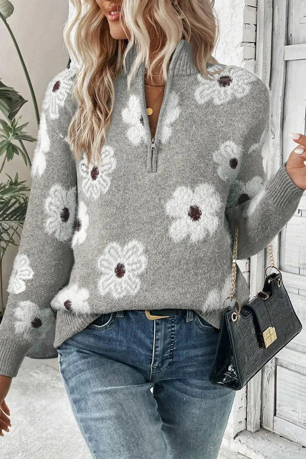 Long Sleeve Half Zip Flower  Sweater - ThingsWeUseAndLove Gray-XL