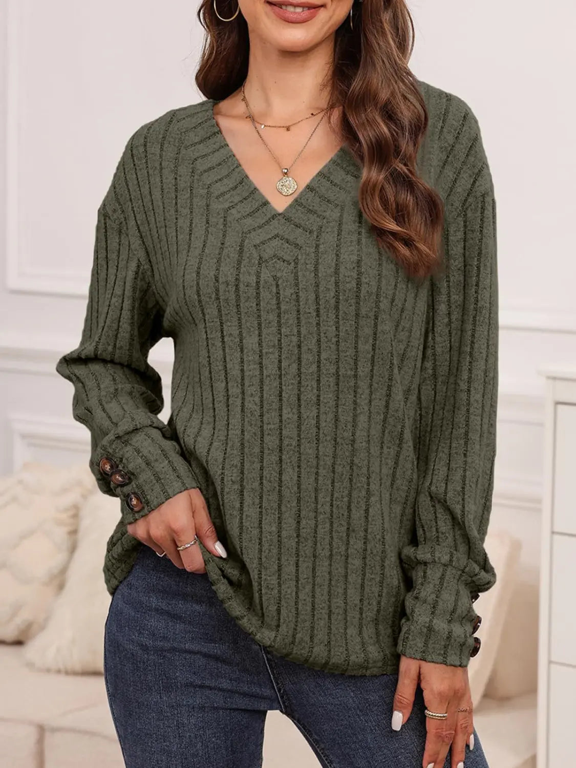 Ribbed V-Neck Long Sleeve T-Shirt - ThingsWeUseAndLove 