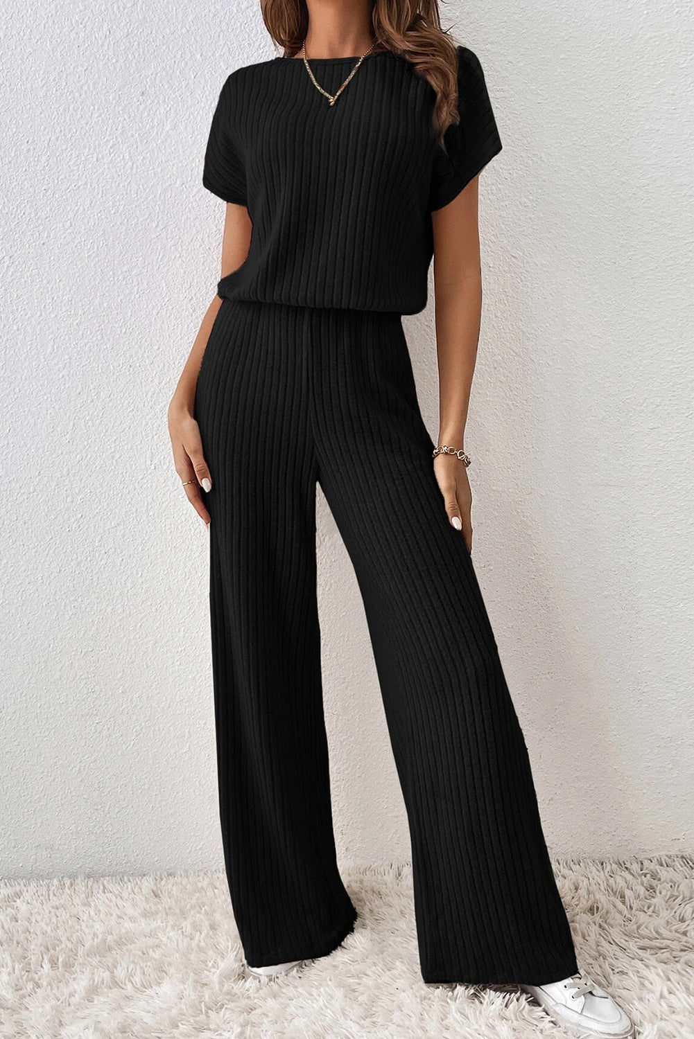 Black Solid Color Ribbed Short Sleeve Wide Leg Jumpsuit - ThingsWeUseAndLove 