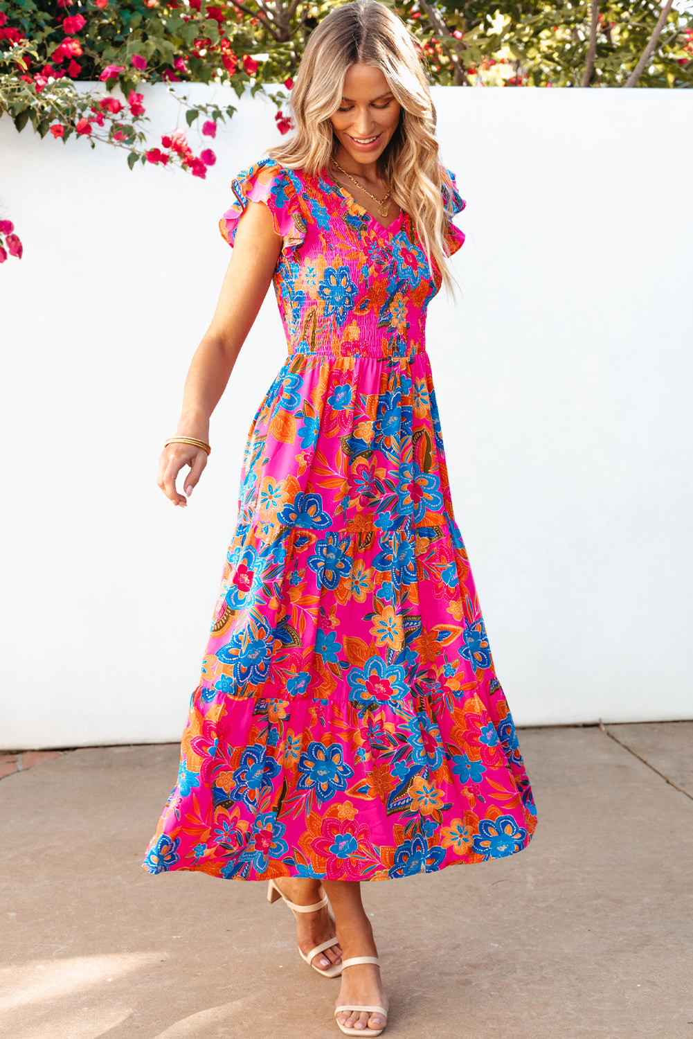 Rose Red Boho Floral V Neck Ruffle Tiered Long Dress - ThingsWeUseAndLove 