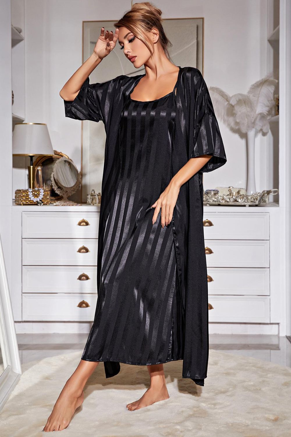 Sweet Dreams Striped Open Front Robe and Cami Dress Set - ThingsWeUseAndLove 