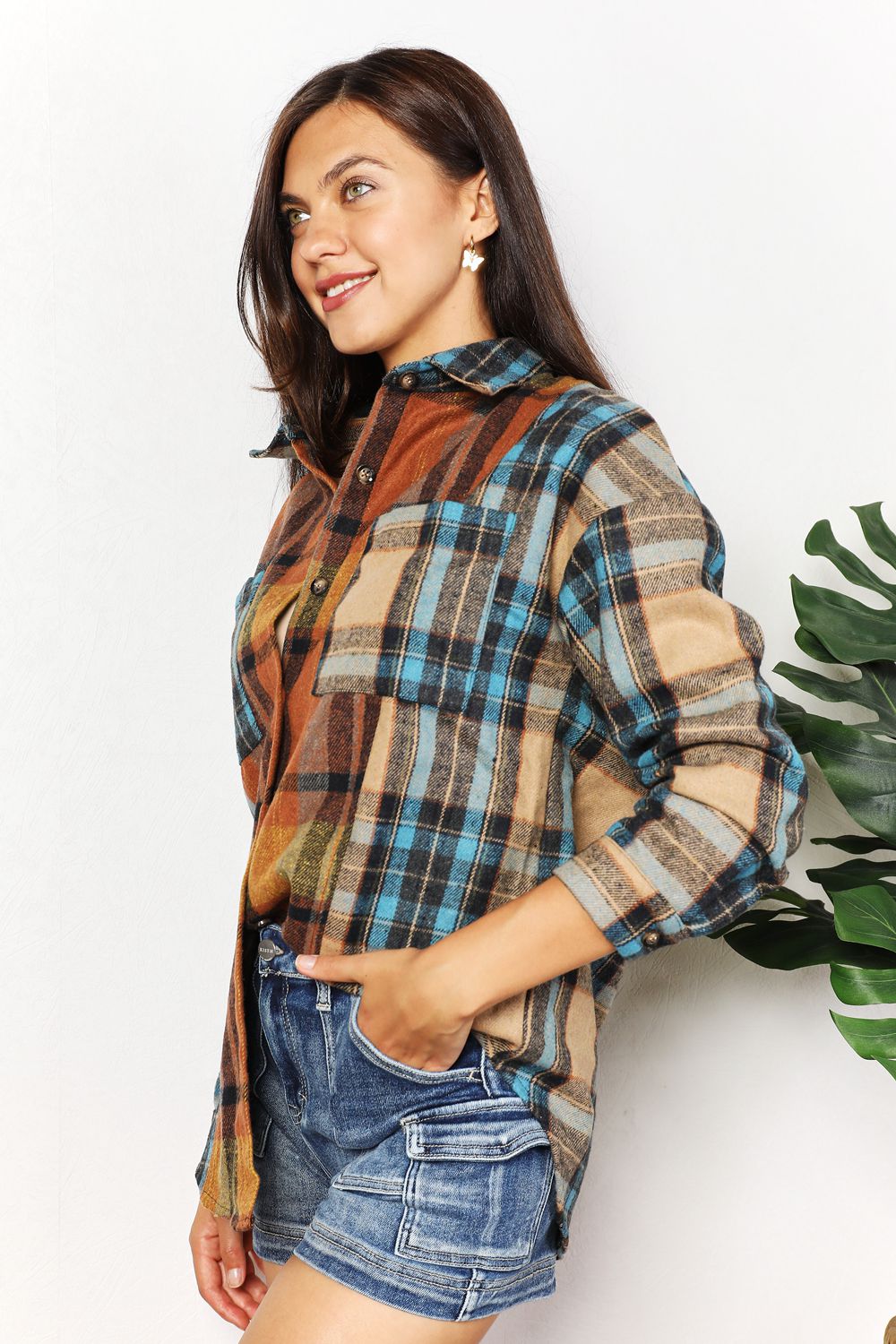 Plaid Curved Hem Shirt Jacket with Breast Pockets - ThingsWeUseAndLove 