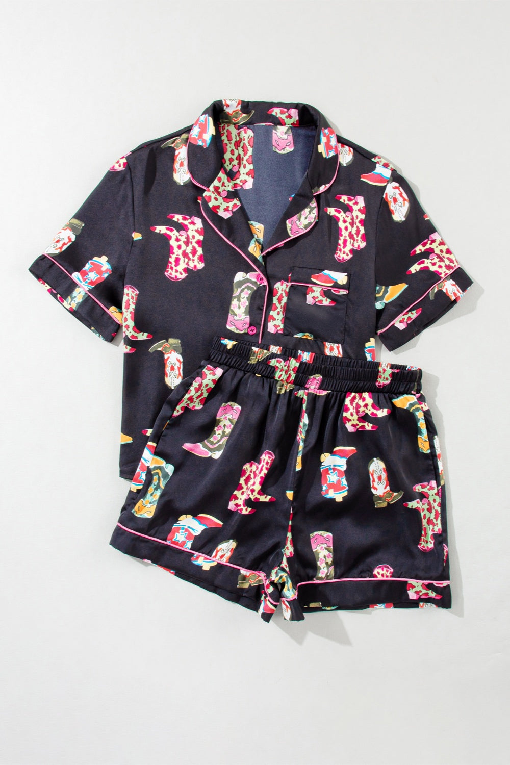 Printed Button Up Short Sleeve Top and Shorts Lounge Set - ThingsWeUseAndLove 