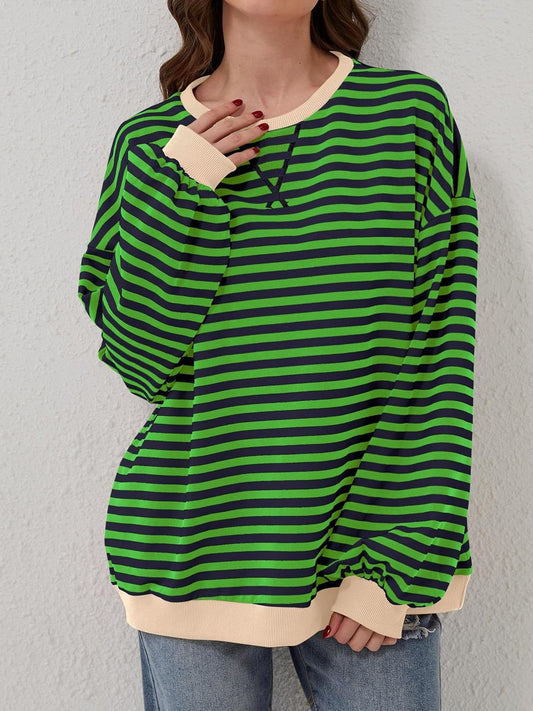 Aviana Contrast Striped Long Sleeve Sweatshirt - ThingsWeUseAndLove Green-XL