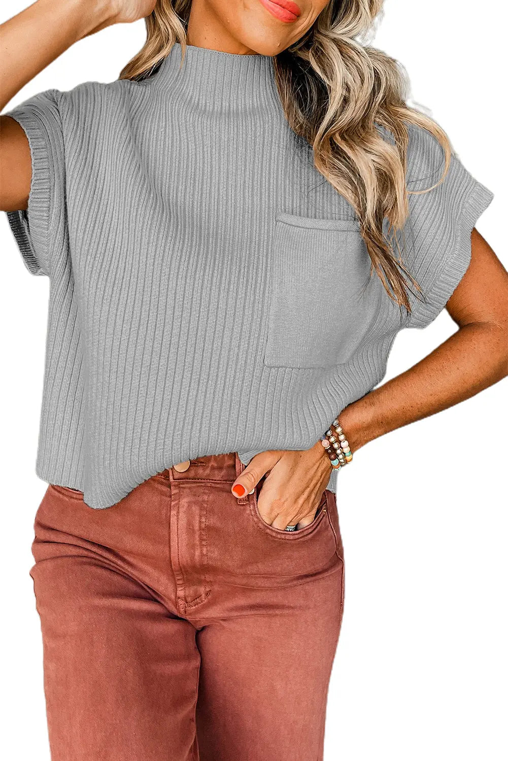 Gold Flame Patch Pocket Ribbed Knit Short Sleeve Sweater - ThingsWeUseAndLove 