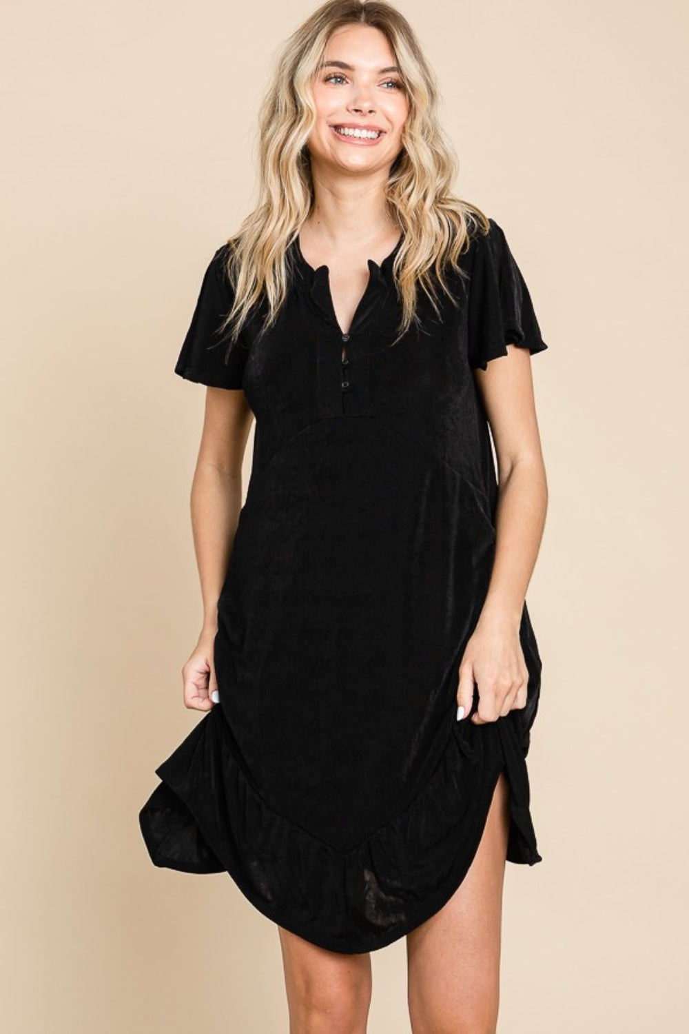 Simple Elegant Black Short Sleeve Ruffled Asymmetric Hem Dress - ThingsWeUseAndLove 