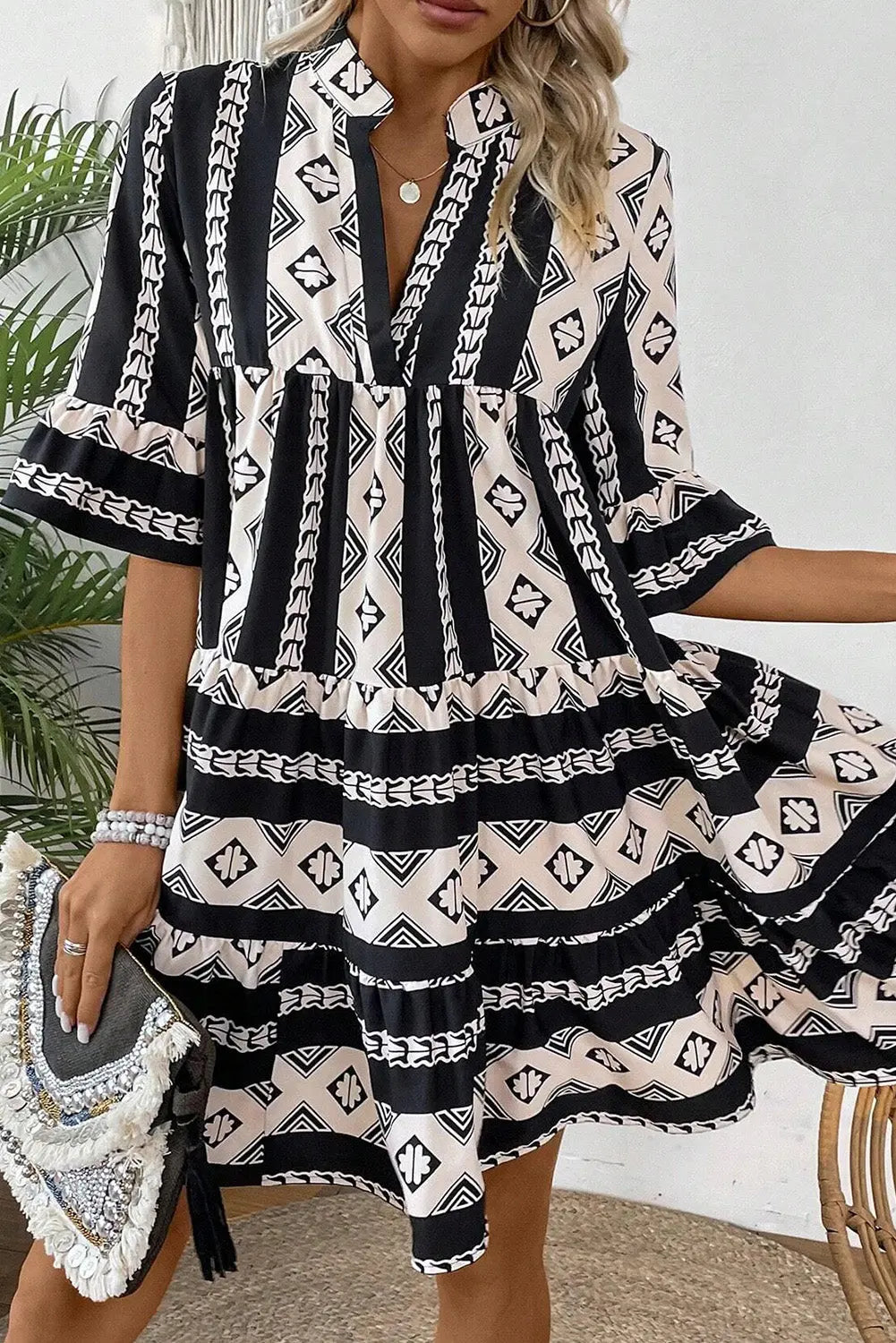 Black Abstract Print Bell Sleeve V Neck Boho Dress - ThingsWeUseAndLove 