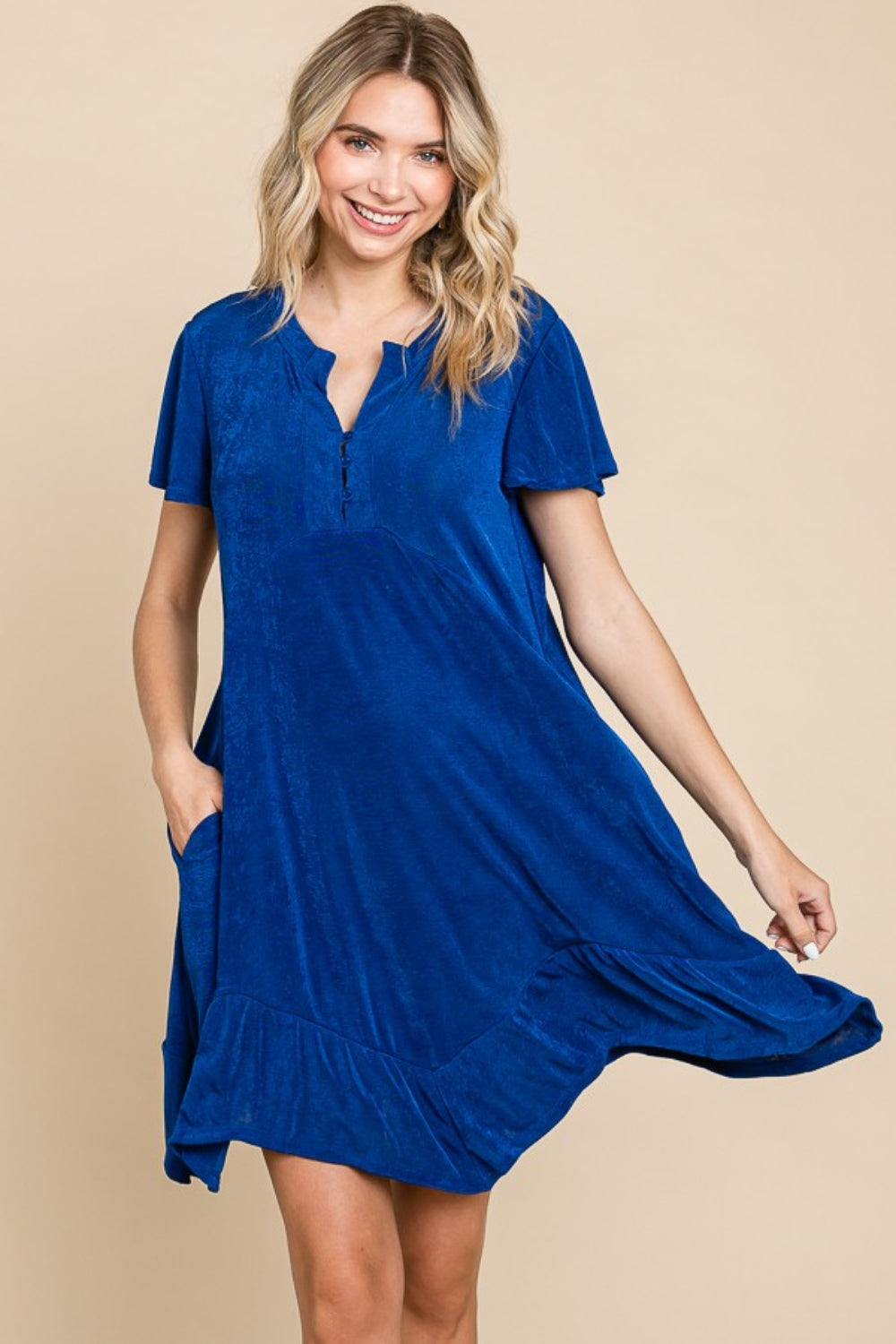 Simple Elegant Blue Short Sleeve Ruffled Asymmetric Hem Dress - ThingsWeUseAndLove Royal-3XL