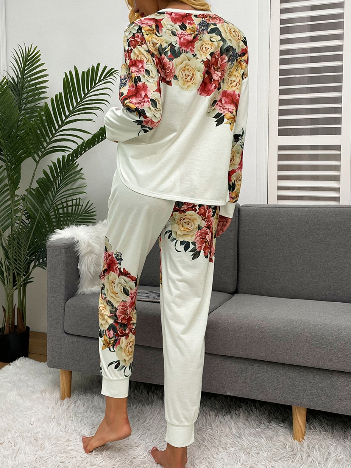 Rose Printed Round Neck Top and Pants Lounge Set - ThingsWeUseAndLove 