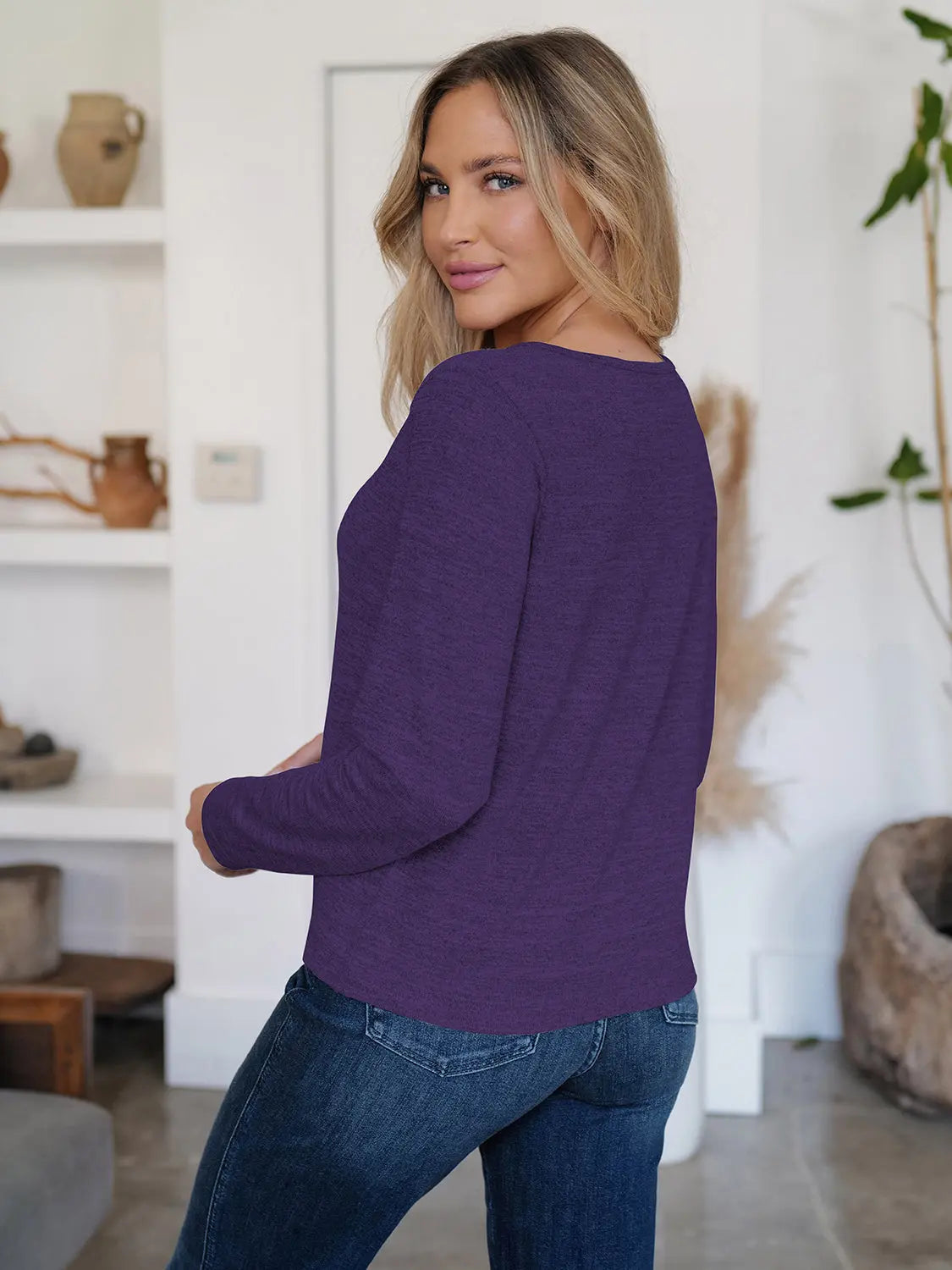 Round Neck Long Sleeve Button-Up Cardigan - ThingsWeUseAndLove Purple-XL