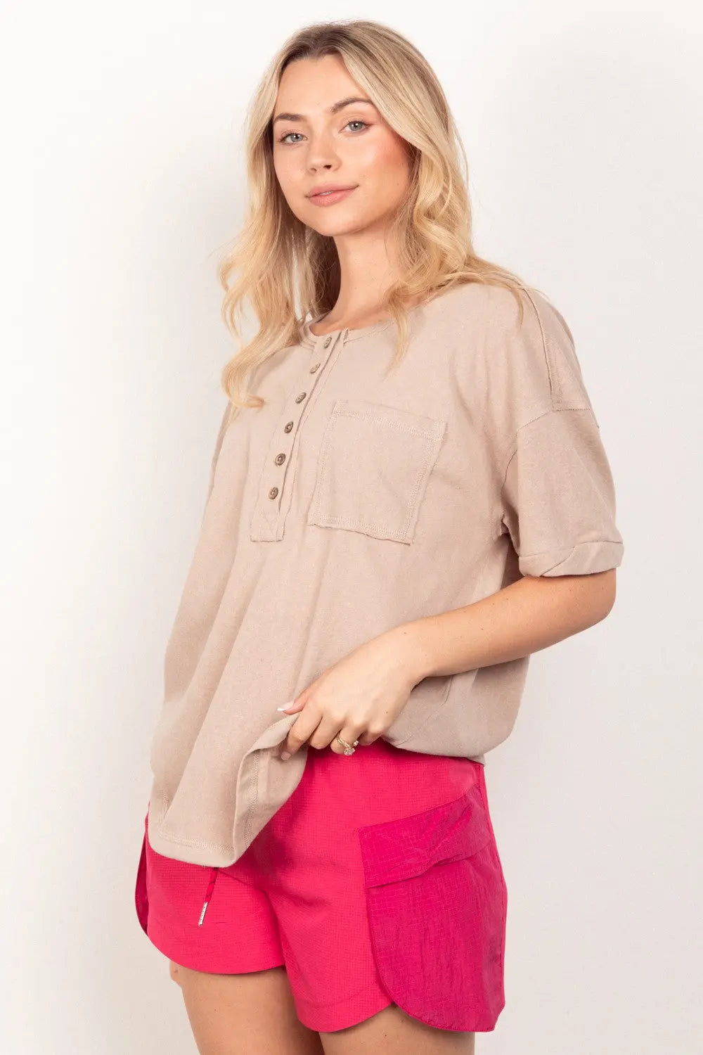 Bell Twisted Sleeve Band Half Button Top - ThingsWeUseAndLove 