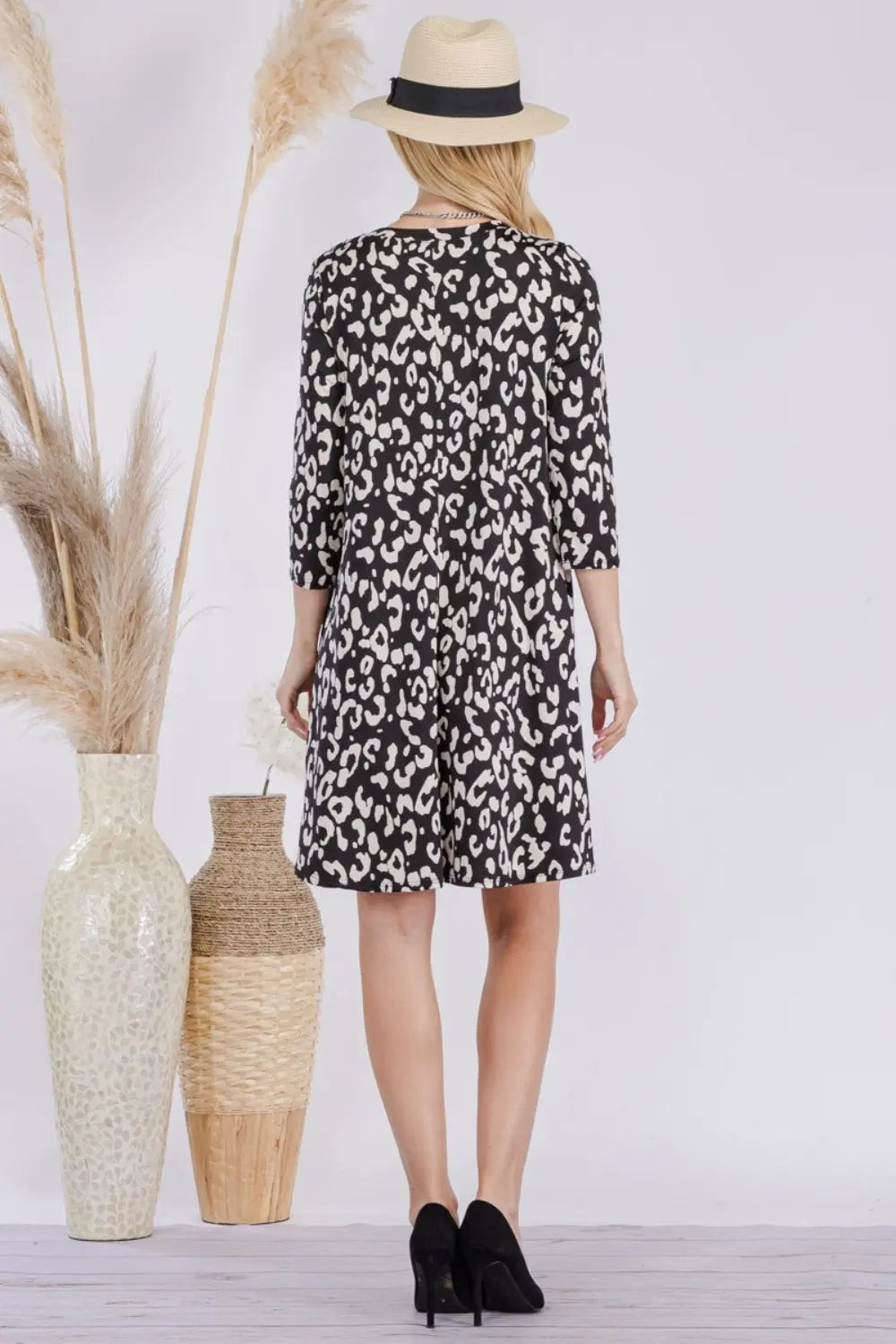 Size Inclusive Leopard Three-Quarter Sleeve Dress with Pockets - ThingsWeUseAndLove 