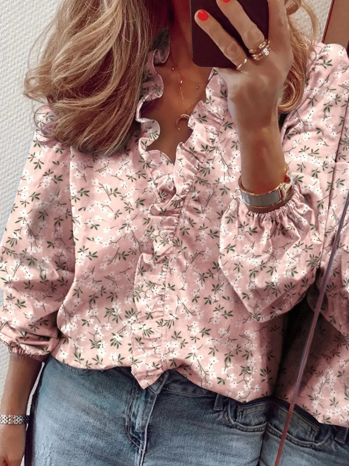 Ruffled Printed V-Neck Long Sleeve Blouse - ThingsWeUseAndLove Blush-Pink-2XL