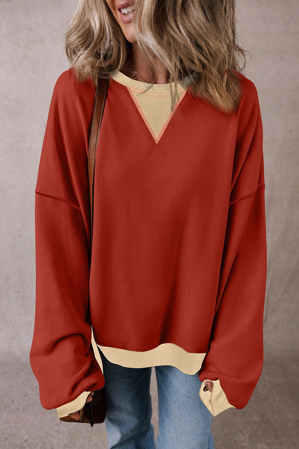 Alena Contrast Round Neck Long Sleeve Sweatshirt - ThingsWeUseAndLove 