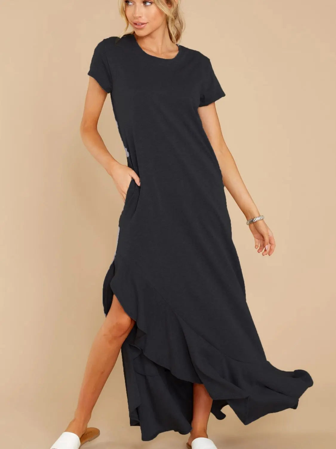 Short Sleeve Slit Round Neck Maxi Dress - ThingsWeUseAndLove 