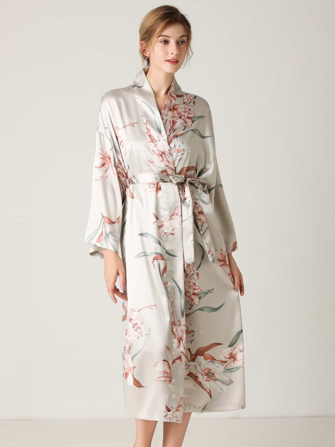 Floral Tie Waist Long Sleeve Robe - ThingsWeUseAndLove 