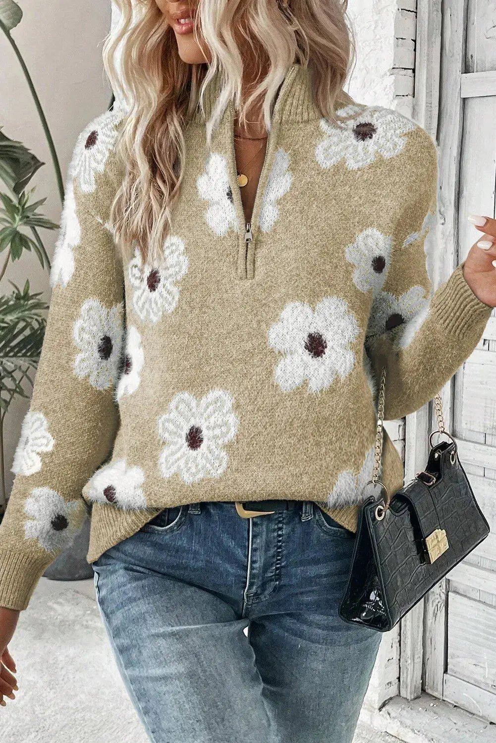 Long Sleeve Half Zip Flower  Sweater - ThingsWeUseAndLove Tan-XL