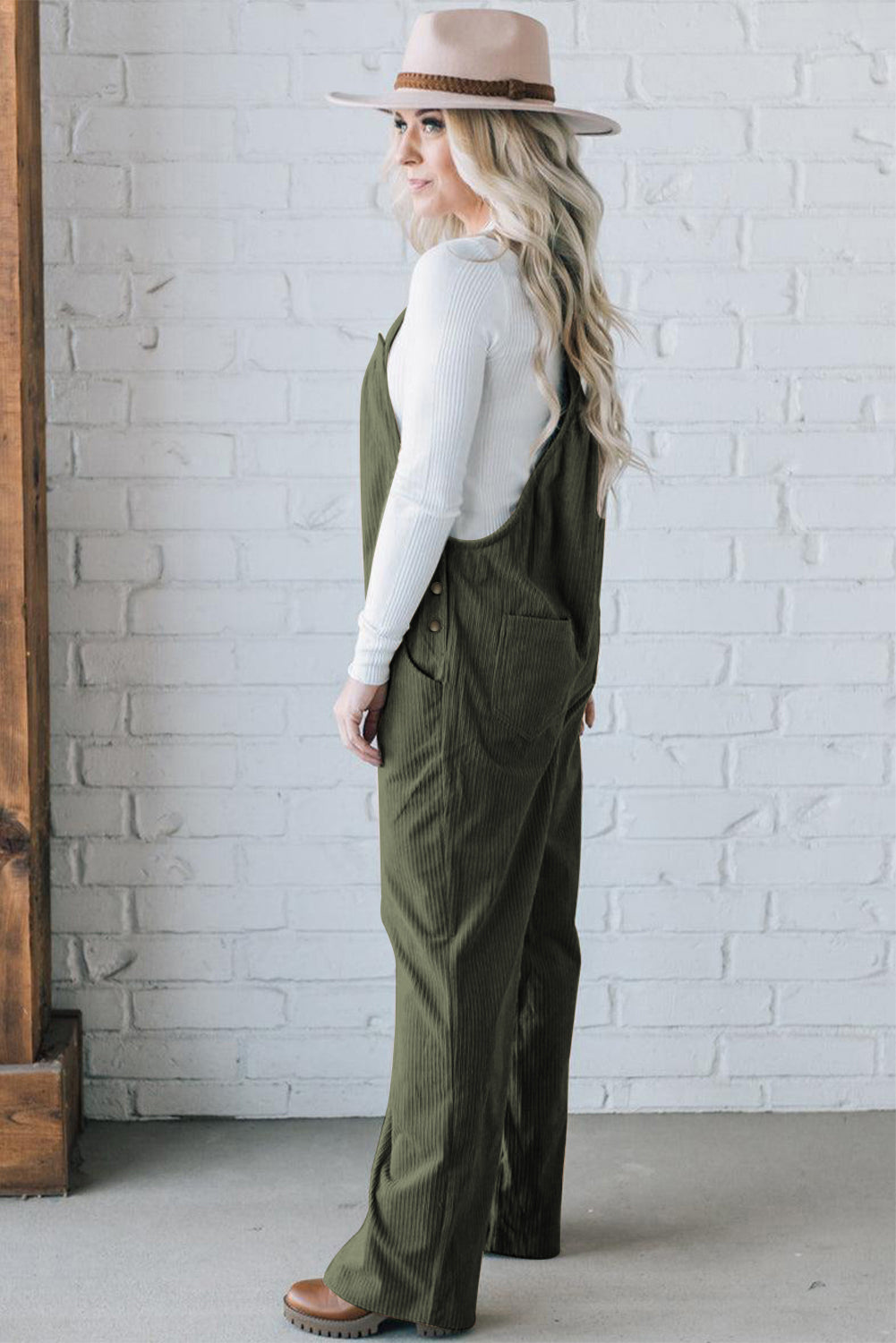 Jungle Green Plain Pocketed Loose Fit Corduroy Overalls - ThingsWeUseAndLove 