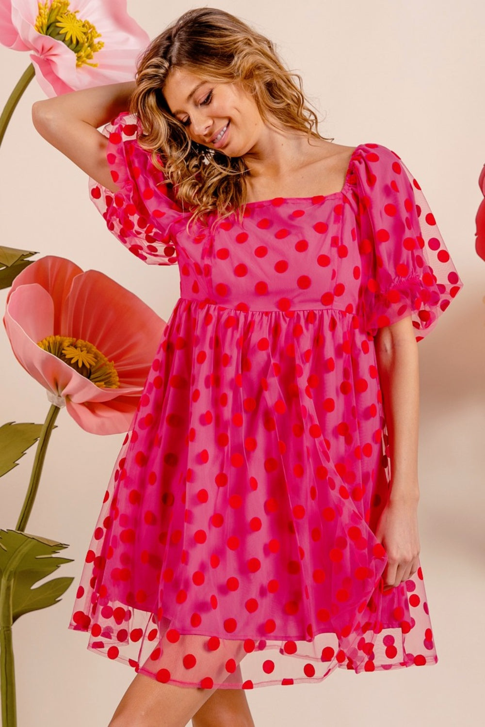 Polka Dot Mesh Puff Sleeve Dress - ThingsWeUseAndLove 