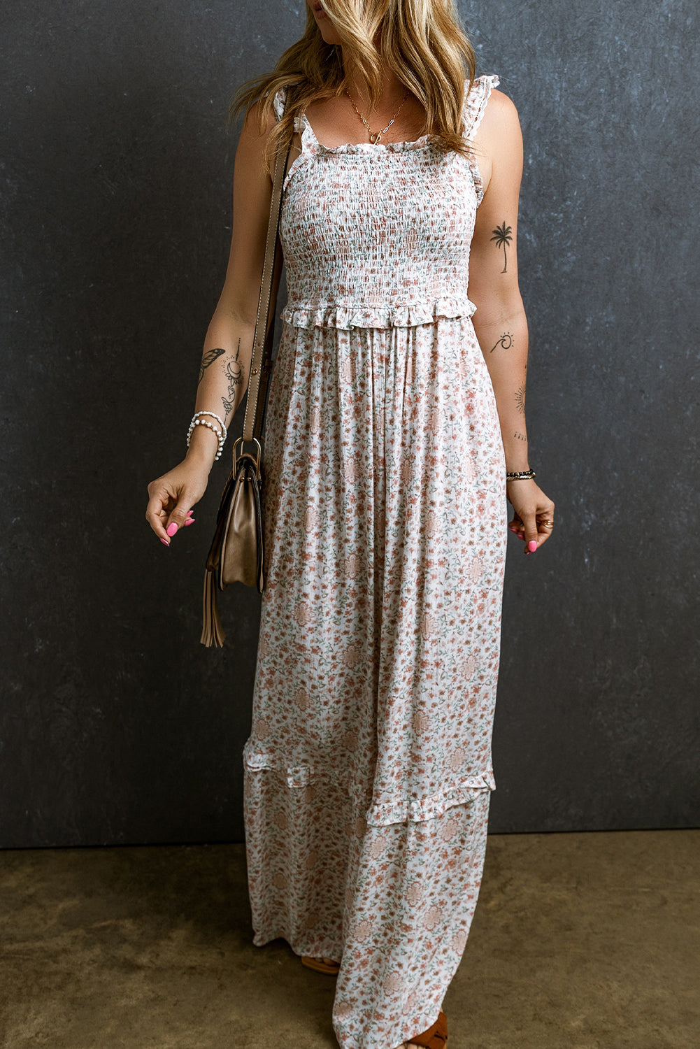 White Floral Print Lace Frilly Straps Shirred Maxi Dress - ThingsWeUseAndLove 