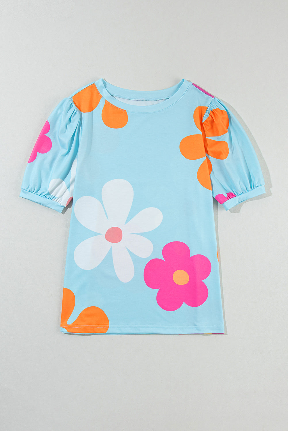 Sky Blue Flower Print Bubble Sleeve Tee - ThingsWeUseAndLove 