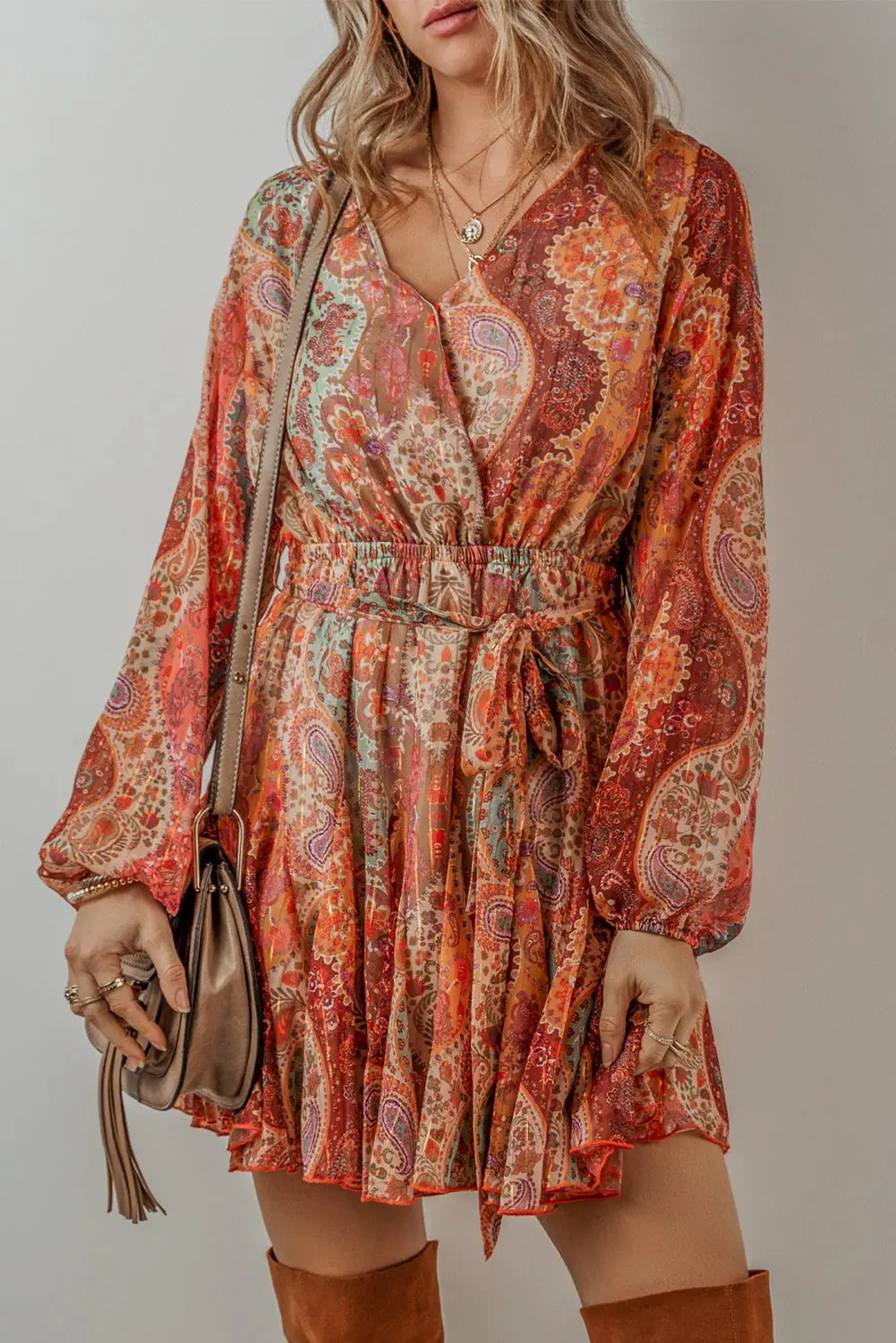 Orange Boho Paisley Print Long Sleeve Pleated Belted Mini Dress - ThingsWeUseAndLove Orange-XL