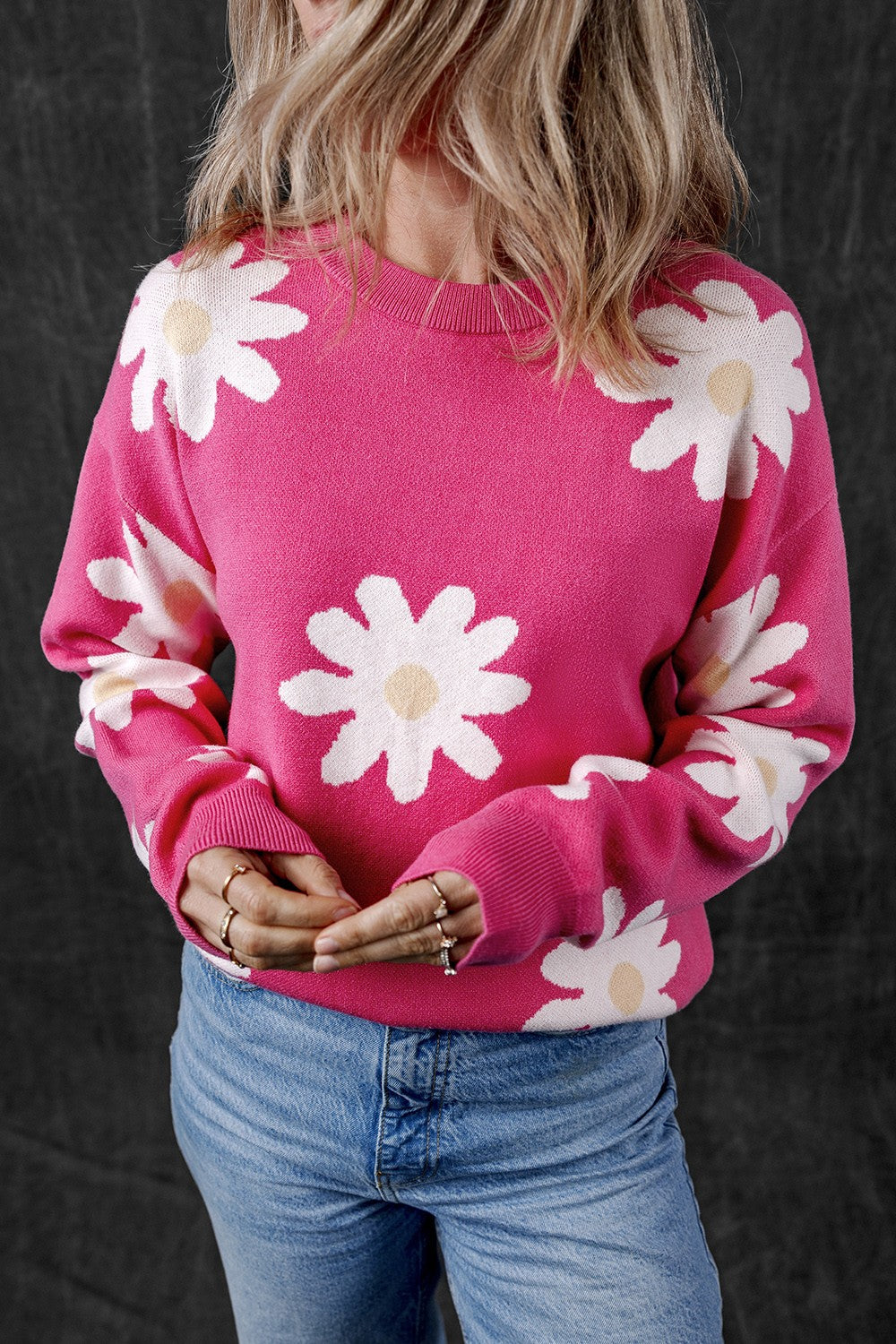 Daisy Round Neck Dropped Shoulder Sweater - ThingsWeUseAndLove 