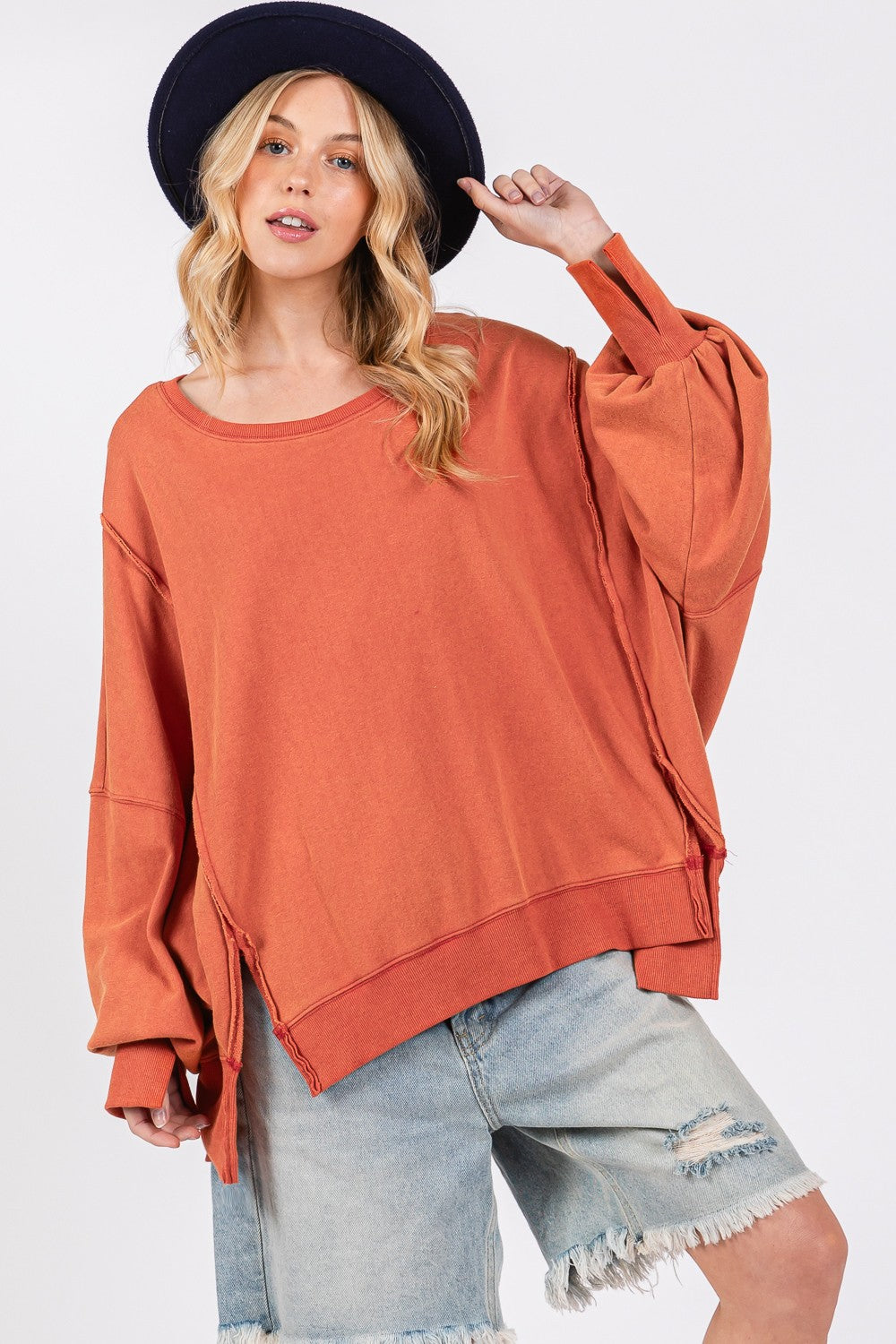 Mineral Wash Side Slit Oversized Sweatshirt - ThingsWeUseAndLove Amber-L