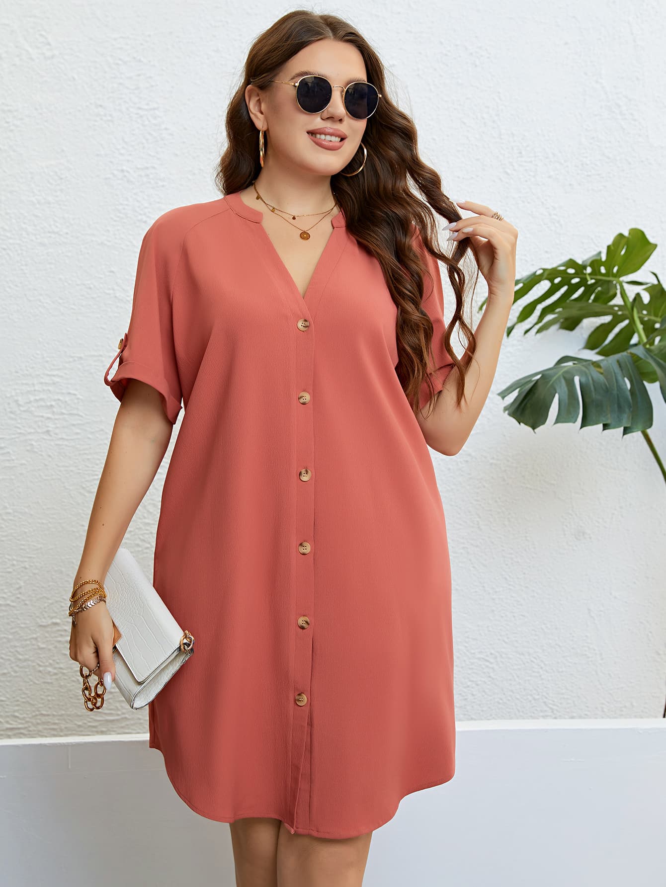 Abigail Size-Inclusive Buttoned Notched Neck Shift Dress - ThingsWeUseAndLove Coral-3XL