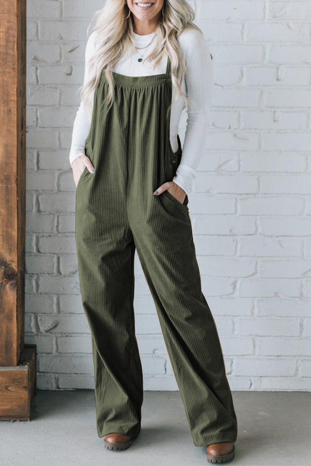 Jungle Green Plain Pocketed Loose Fit Corduroy Overalls - ThingsWeUseAndLove Jungle-Green-XL