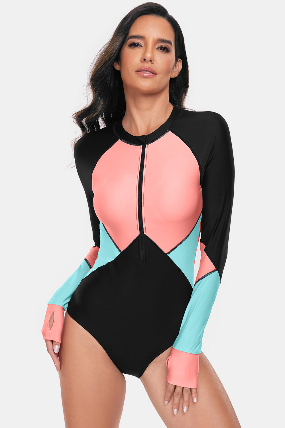 Bree Half Zip Long Sleeve Color Block One-Piece Swimwear - ThingsWeUseAndLove 