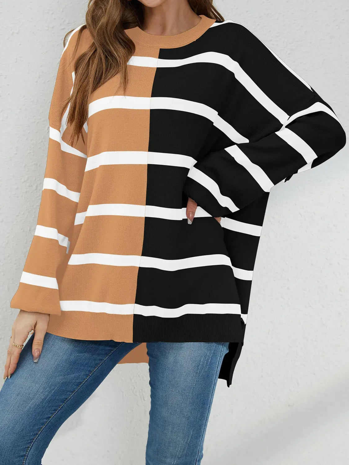 Long Sleeve Striped Round Neck Sweater - ThingsWeUseAndLove Caramel-2XL