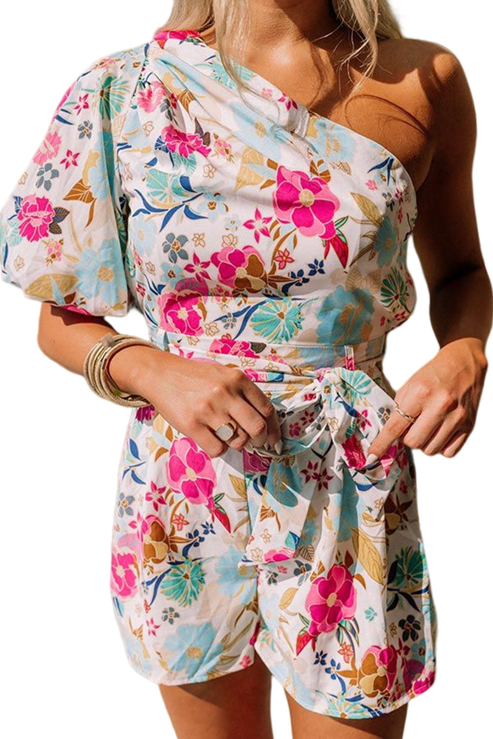 Floral Single Bubble Sleeve Slant Shoulder Belted Romper - ThingsWeUseAndLove 