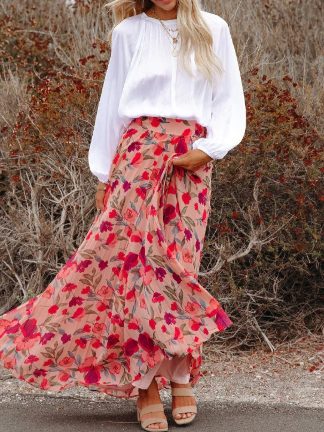 Printed Elastic Waist Pleated Maxi Skirt - ThingsWeUseAndLove 