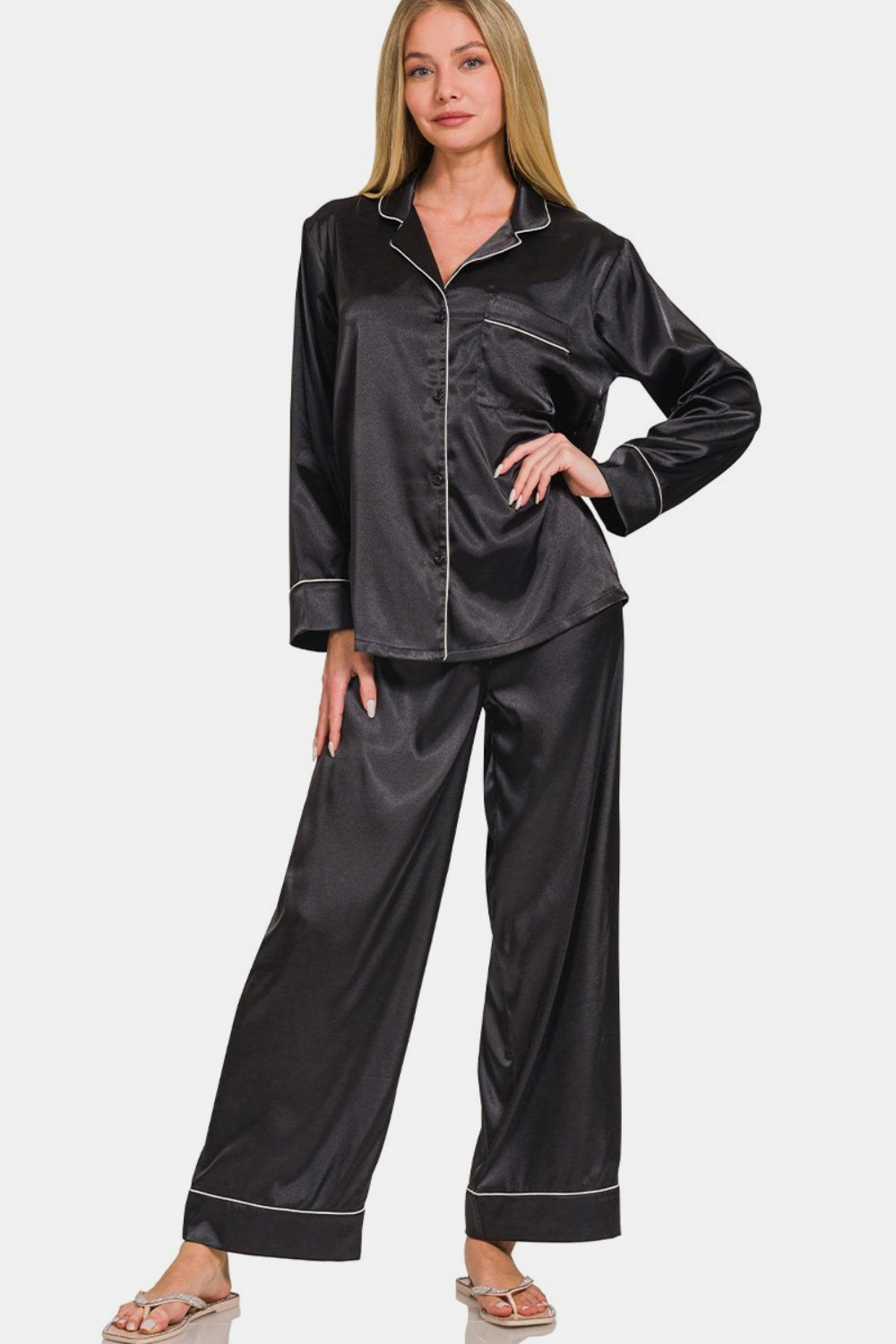 Satin Long Sleeve Shirt and Pants Pajama Set - ThingsWeUseAndLove Black-XL