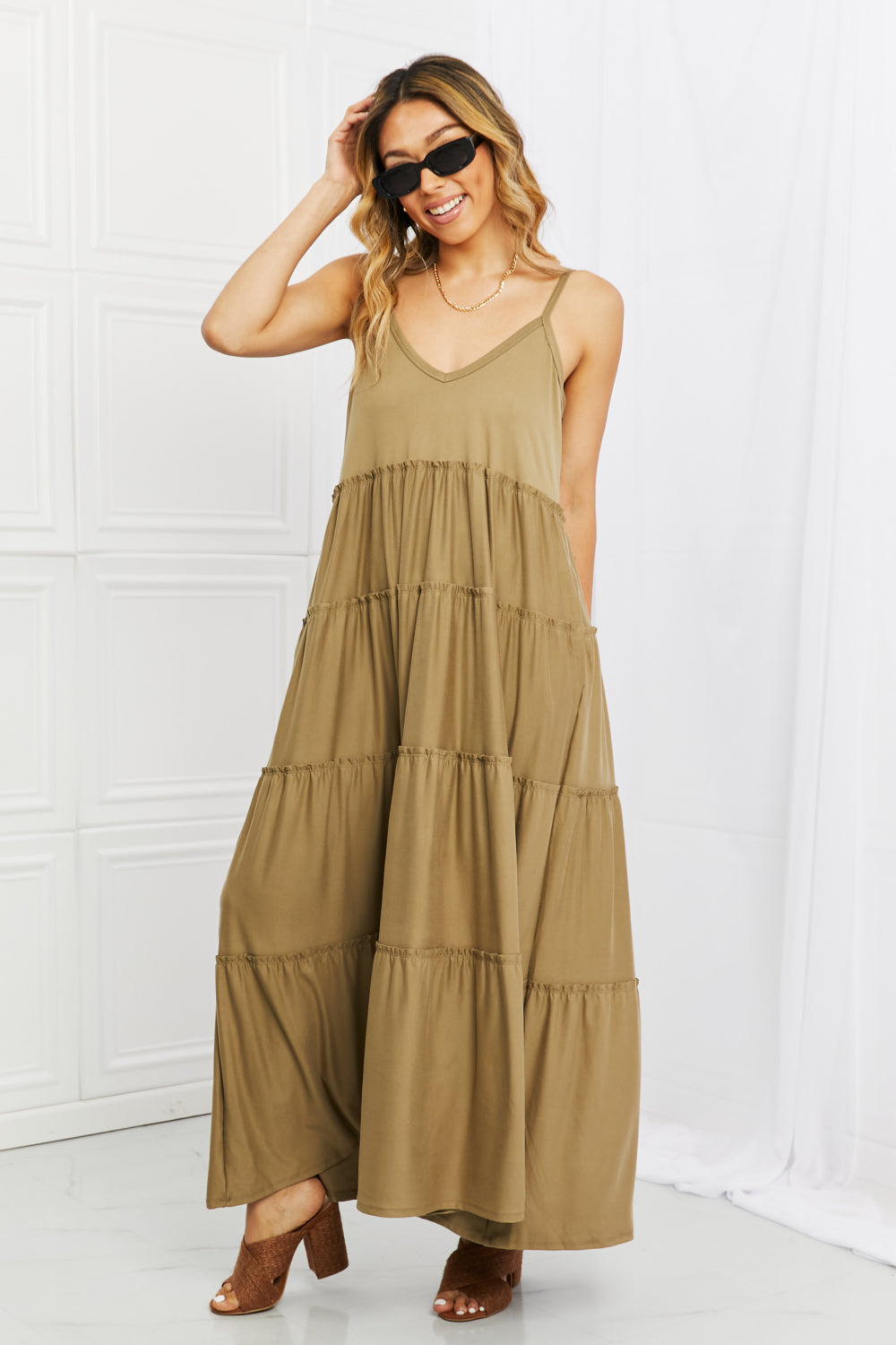 Spaghetti Strap Tiered Dress with Pockets in Khaki - ThingsWeUseAndLove 