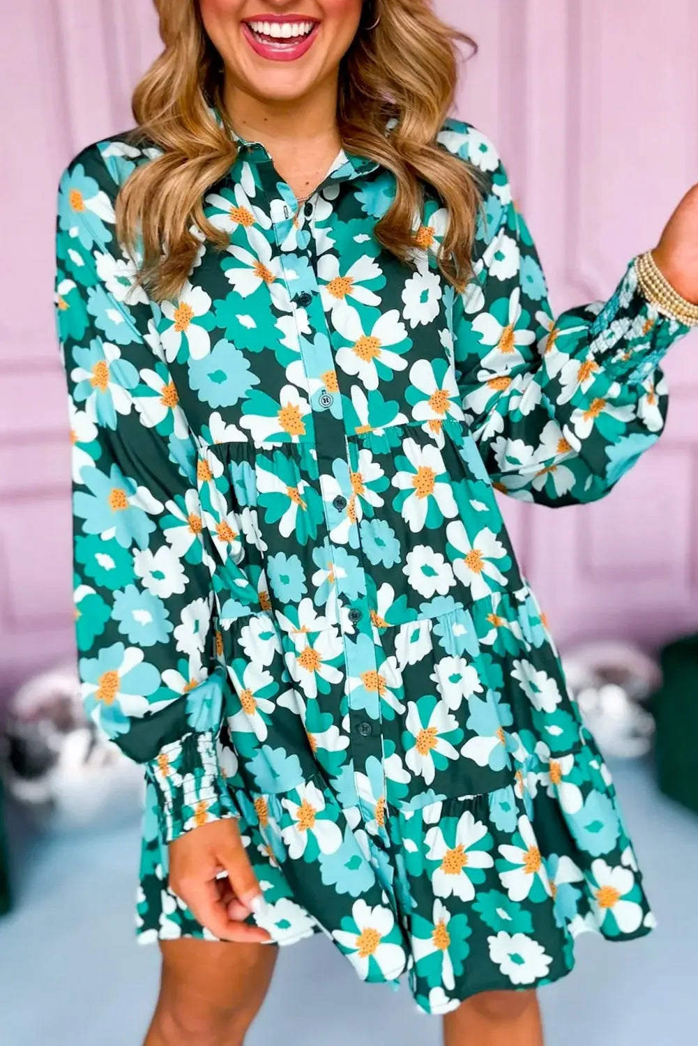 Blackish Green Flower Print Smocked Cuffs Tiered Mini Dress - ThingsWeUseAndLove Blackish-Green-XL
