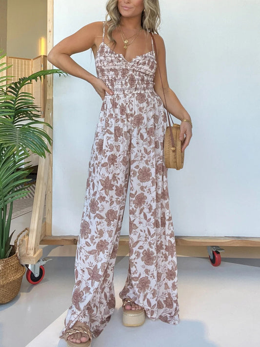 Printed Spaghetti Strap Wide Leg Jumpsuit - ThingsWeUseAndLove Mocha-3XL