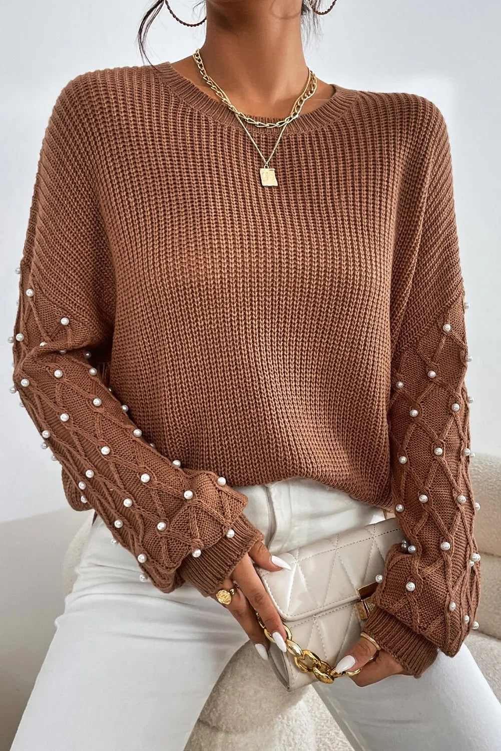 Round Neck Pearl Detail Long Sleeve Chocolate Brown Sweater