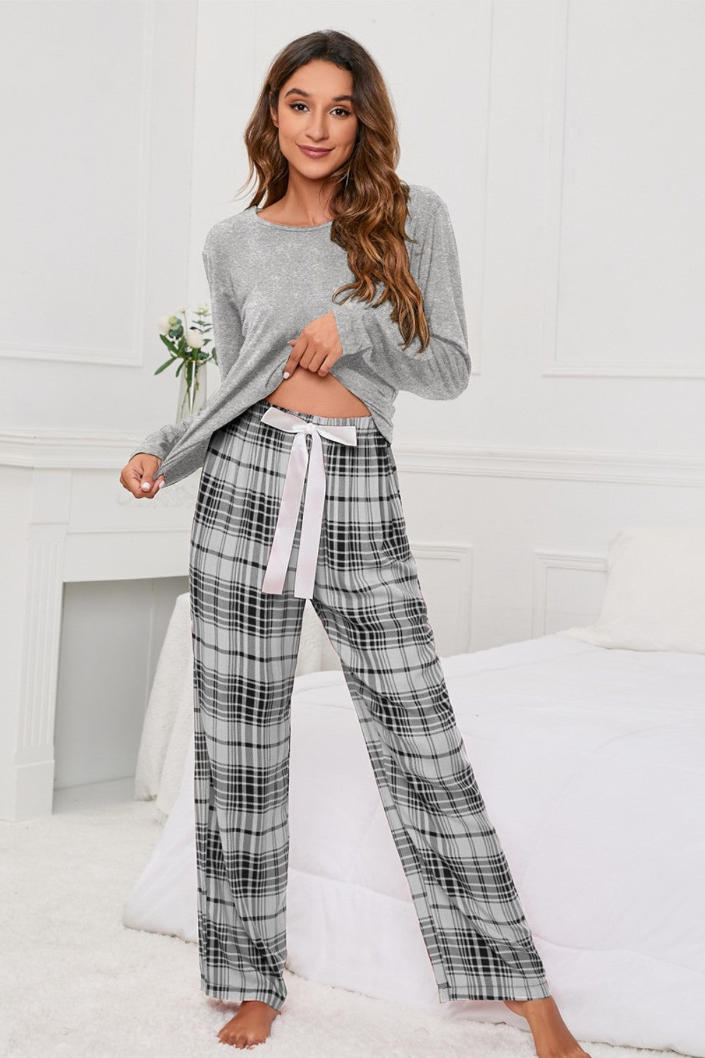 Lace Round Neck Long Sleeve Top and Bow Plaid Pants Lounge Set - ThingsWeUseAndLove 