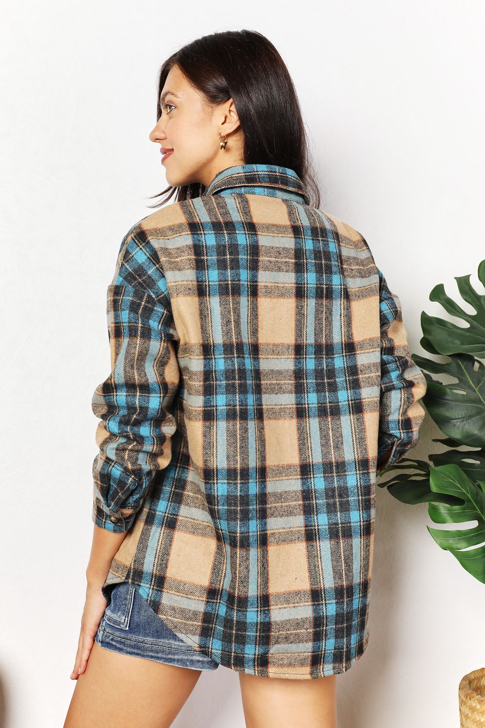 Plaid Curved Hem Shirt Jacket with Breast Pockets - ThingsWeUseAndLove 